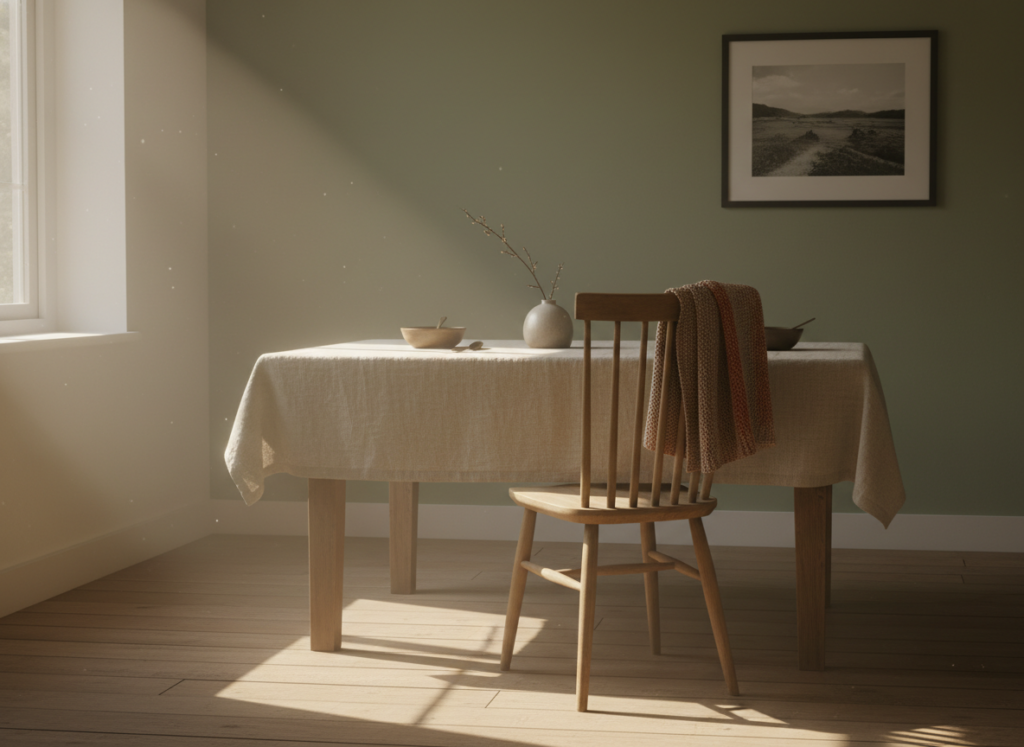 Part Time Life Overseas-empty chair at a dinner table lit by soft morning light