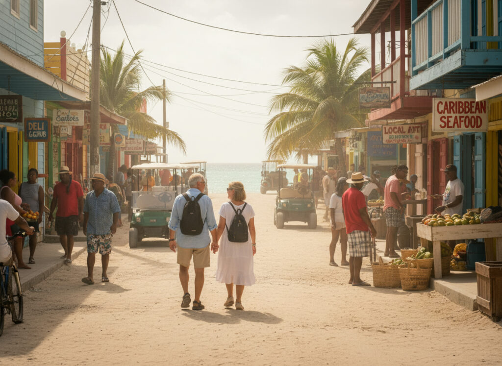 before you move abroad-walking down a street in a Caribbean town.